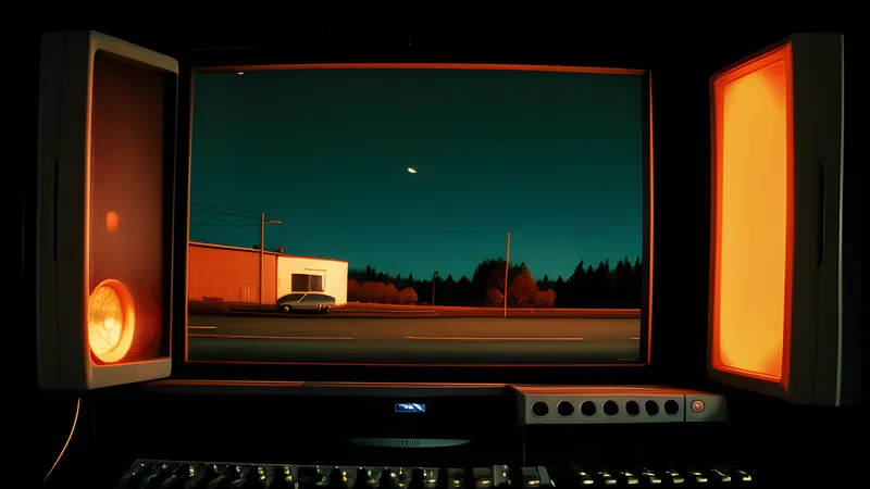 A neon roadside sign glowing on an empty night highway in burnt amber CRT bloom and scanlines