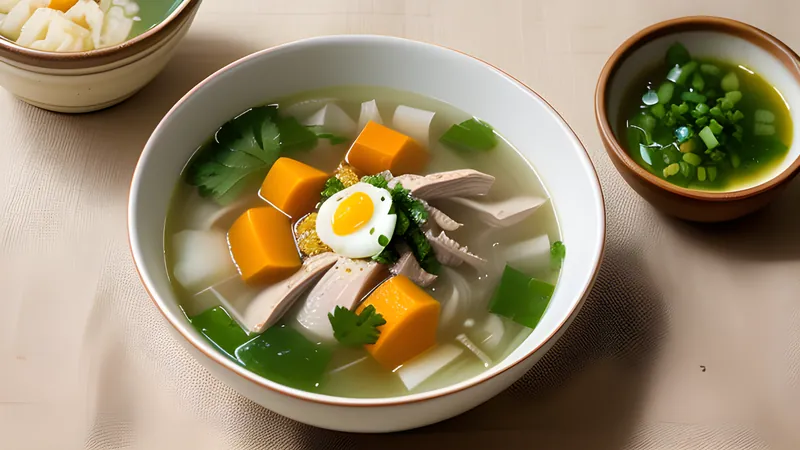A whole small chicken simmered in pale ginseng broth in a stone bowl, with rice spilling from the cavity