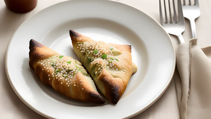 A tray of golden triangular samsa pastries topped with sesame seeds, one broken open to show the lamb and onion filling