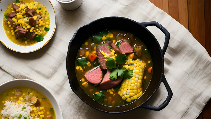 A bowl of hearty Caribbean sancocho with meat, root vegetables, corn and coriander