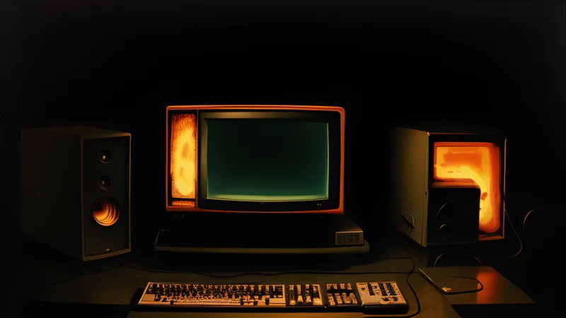 A bouncing spectrum-analyser bar graph glowing in burnt amber on a dark CRT, phosphor bloom and heavy scanlines