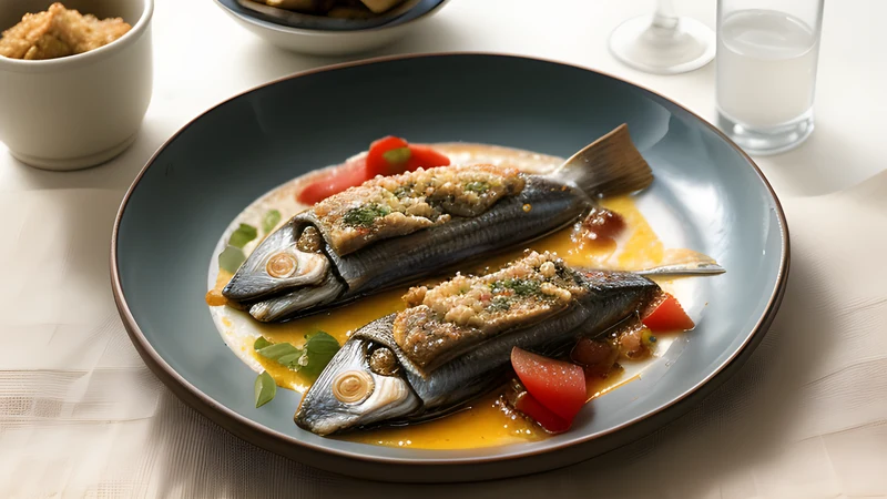Fried sardines layered with pale cooked onions, sultanas and pine nuts in a shallow white dish