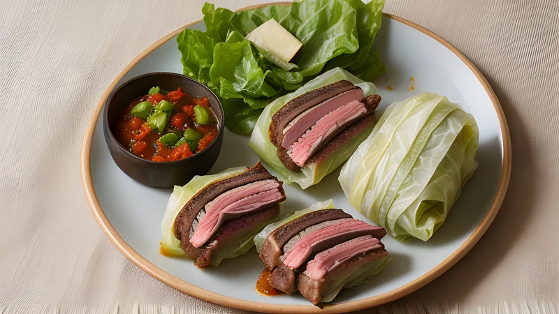 Cabbage rolls packed tight in a dark casserole with smoked ribs and a red-brown sauce