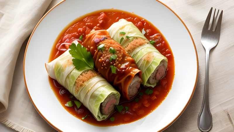 Sour-cabbage rolls stuffed with pork and rice in tomato sauce, topped with a dollop of smântână