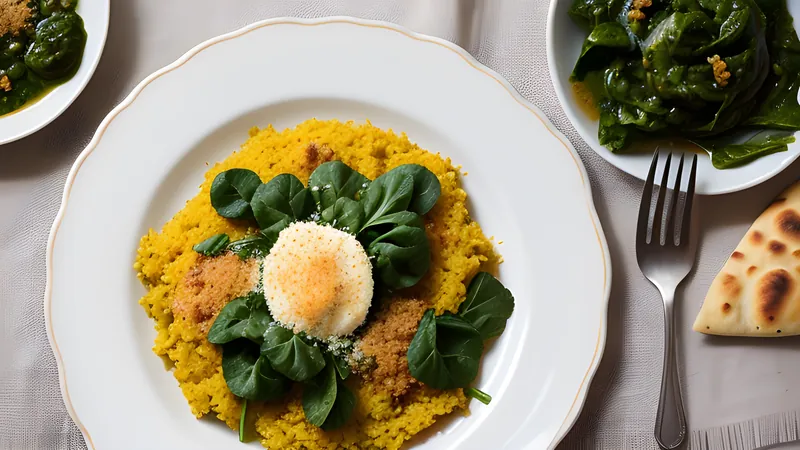 A dark green mound of mustard saag with a pat of white butter melting on top, beside a round cornmeal flatbread