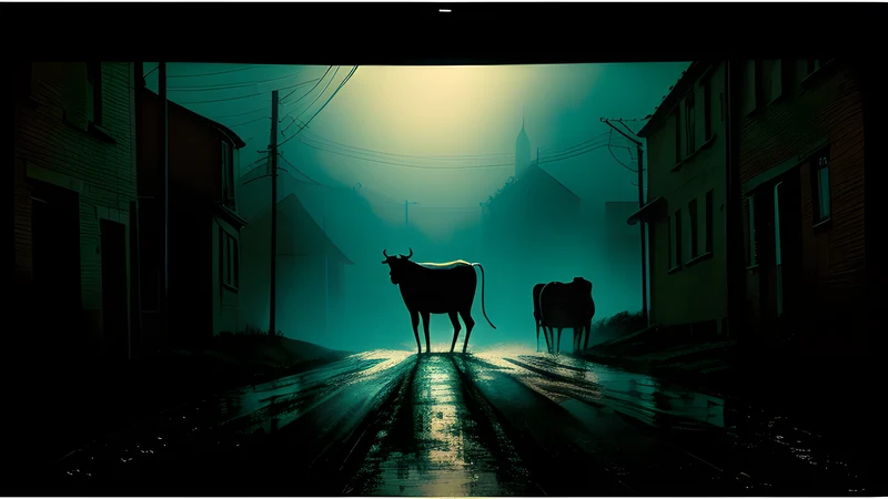 Repertory poster: a derelict farmyard in endless rain, a single lit window, teal mud and amber lamplight through smoke