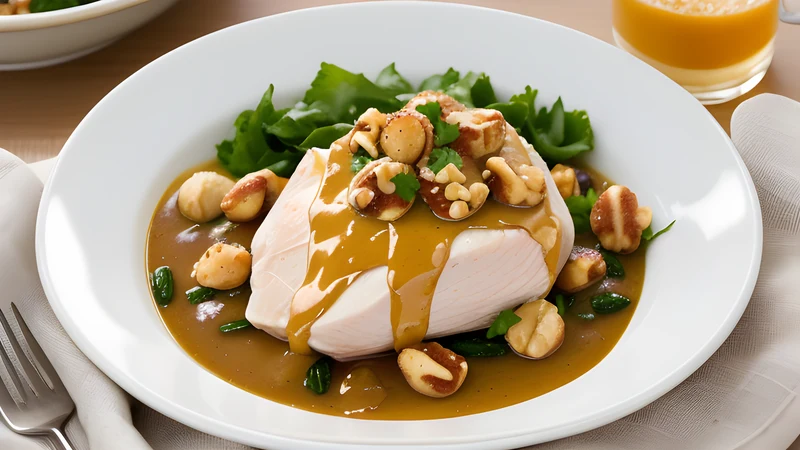 Poached chicken under a pale golden walnut sauce in a shallow ceramic dish