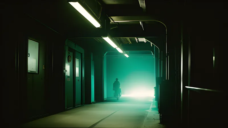 A cramped station corridor in teal shadow with a mechanical hand reaching into frame