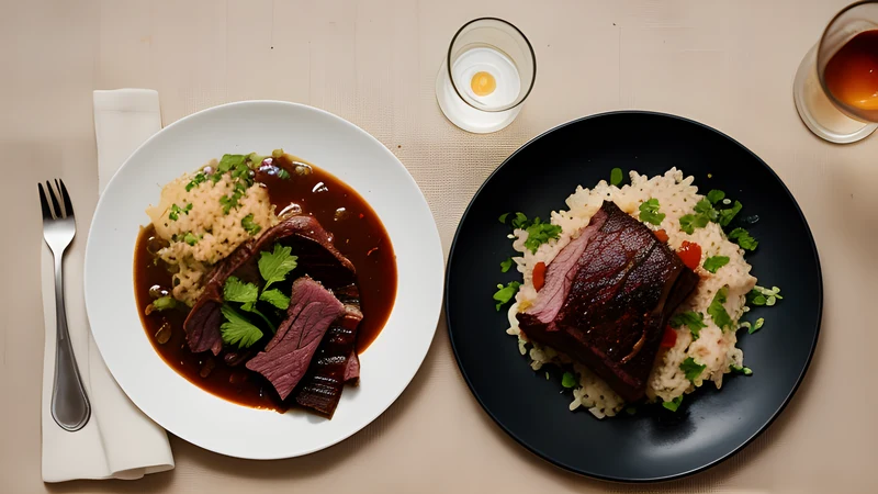 Sliced dark braised beef in a glossy brown raisin gravy with a potato dumpling and red cabbage