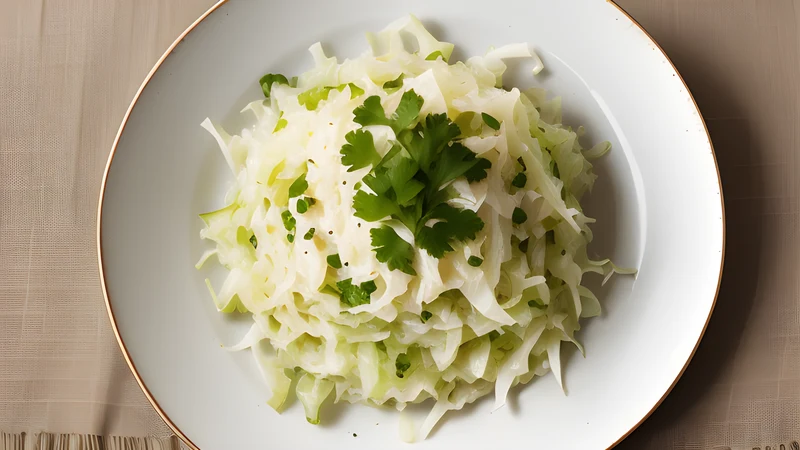 A glass jar of pale shredded cabbage submerged under cloudy brine with caraway seeds, on a linen cloth