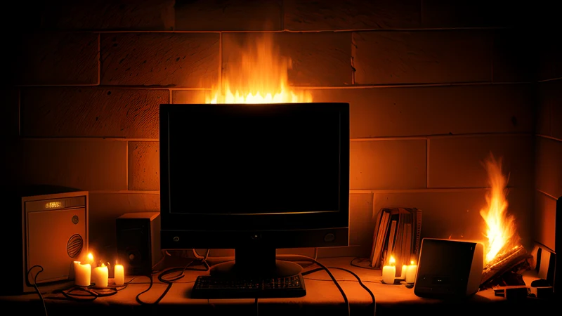 A bonfire and a floppy disk resting on the same stone altar, amber CRT glow and scanlines
