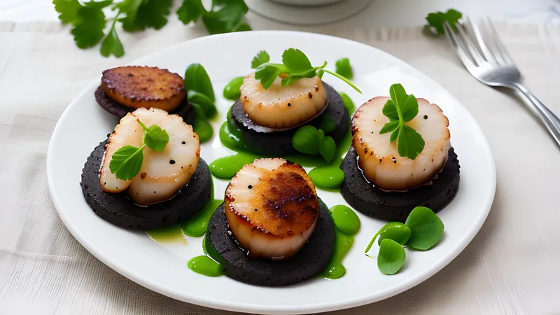 Scallops with Black Pudding and Pea Purée