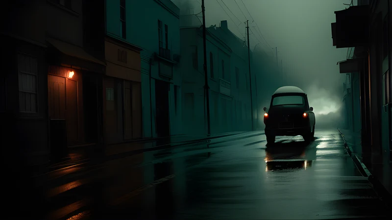A rain-lit empty street at night with an abandoned painter's easel standing in it, teal and amber poster style