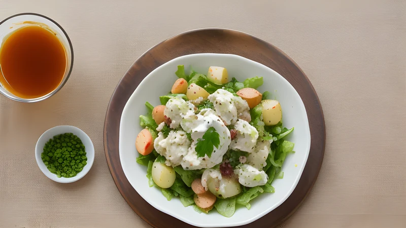 A shallow bowl of glossy sliced potato salad flecked with onion and chives, no mayonnaise, on a linen cloth