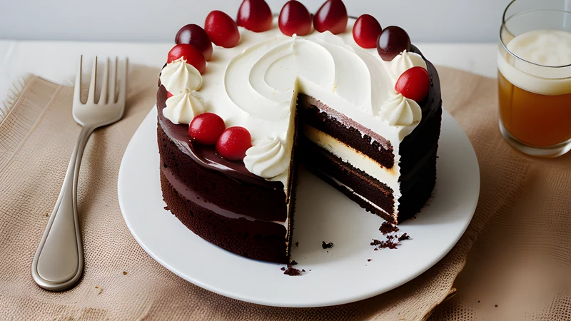 A tall cross-section slice of Black Forest gateau showing dark sponge, white cream and dark cherries, under chocolate shavings
