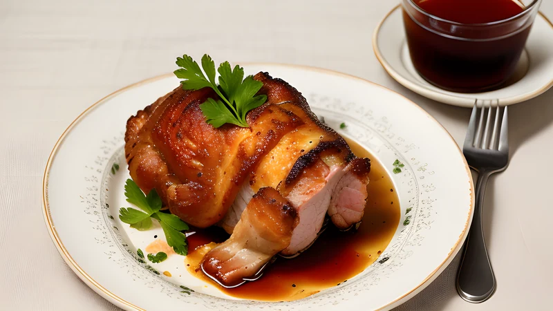 A whole roasted pork knuckle with blistered dark crackling on a board, beside a bread dumpling and dark gravy
