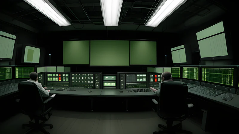 Two banks of camera monitors facing each other across a dim control room