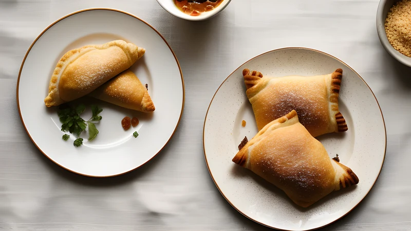 A golden fried pastry disc torn open to show stretching cheese, with dark honey pooling on the plate