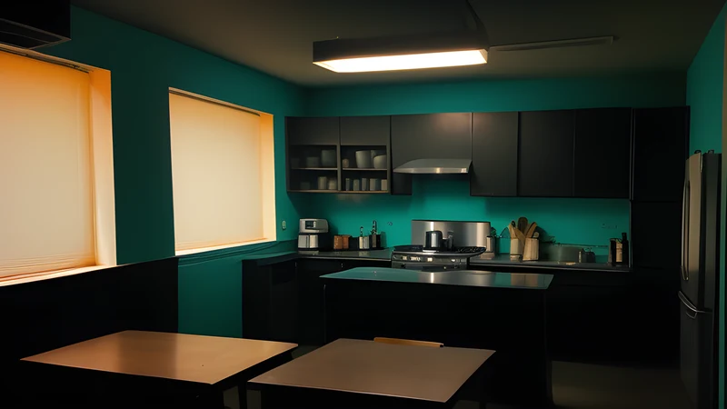 A suburban kitchen at night, a chalk circle drawn on the linoleum floor