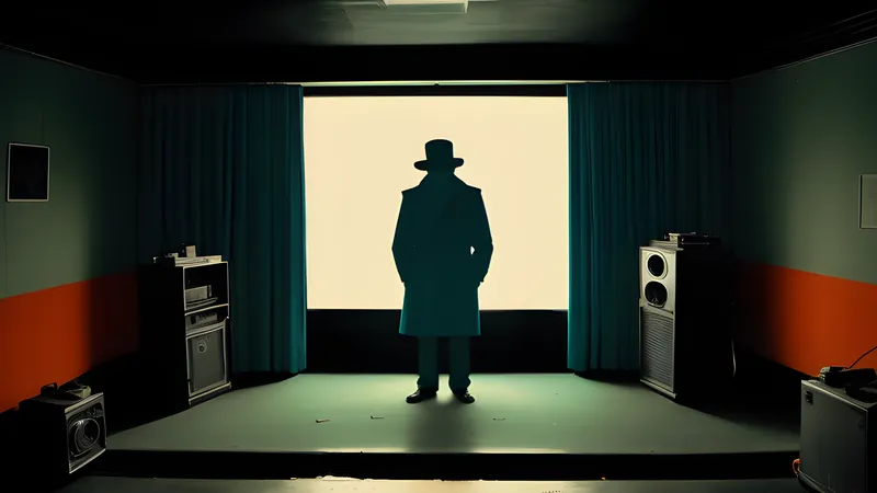 A flat pop-art room of primary colour blocks containing a single trench-coated silhouette, teal and amber repertory poster style