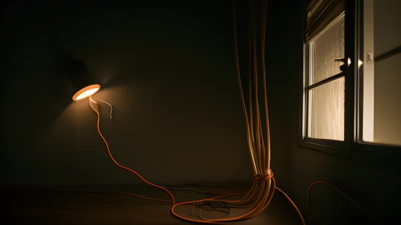 A spoken waveform travelling along a wire into a house that lights up room by room, editorial illustration in teal light