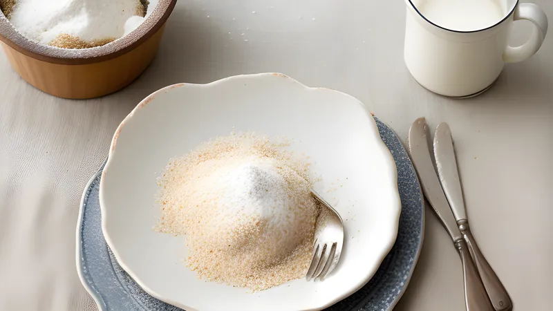 Mounded golden-brown sellou dusted with icing sugar in a shallow dish with a spoon