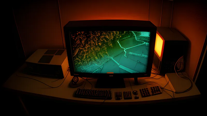 A curving arc of light traced across a dark green grid under amber phosphor bloom and scanlines