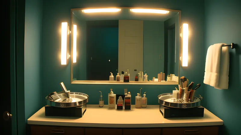 A razor blade balanced on a mirrored vanity beside lipstick and a spilled tumbler