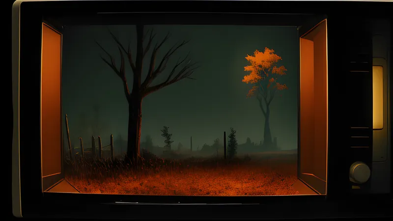 A golden withered tree looming over a ruined fantasy vista at dusk