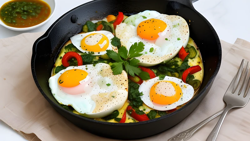 A skillet of green shakshuka with eggs poached in a herb and green-pepper sauce, crumbled feta and coriander on top