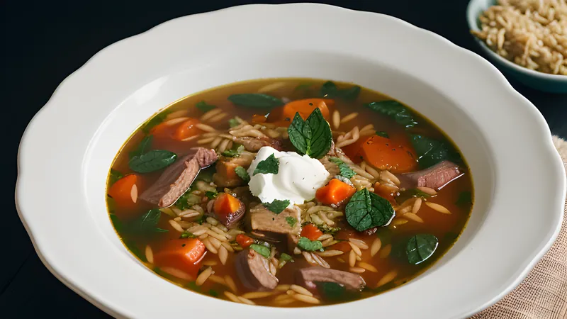 A bowl of rust-red Libyan sharba soup with lamb, orzo, chickpeas and a scatter of dried mint