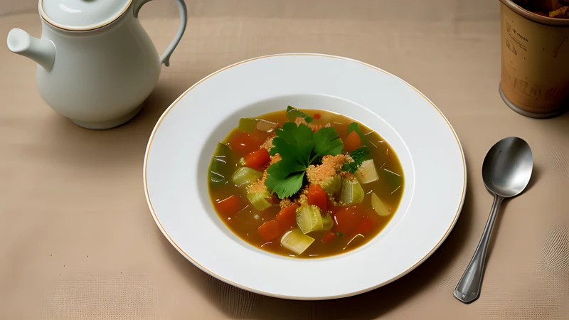 A deep bowl of amber cabbage soup with chunks of beef, a spoonful of soured cream melting on top and dill scattered over