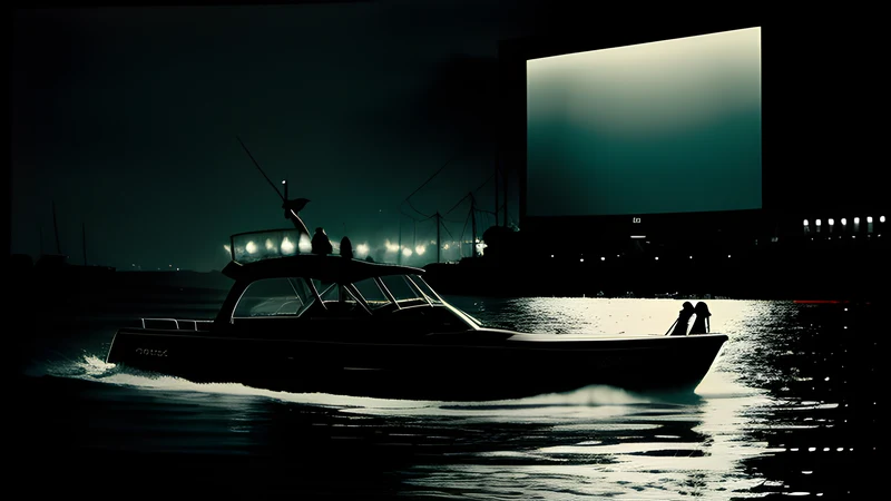 A woman's silhouette against a riverside city skyline at dusk, repertory cinema poster in teal and amber with projector light through smoke