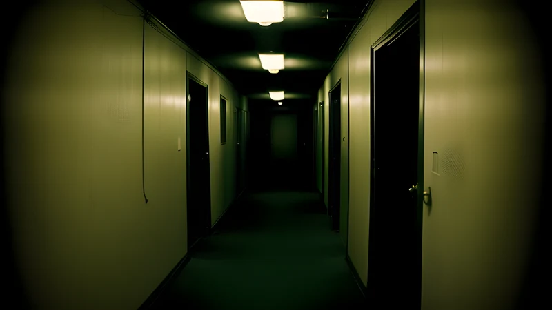 An empty asylum corridor with a fire hose uncoiled across the floor