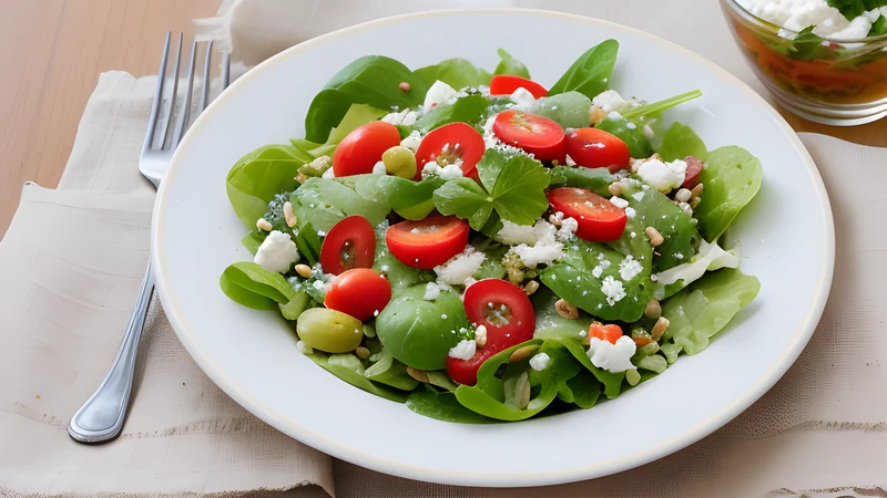 A shallow bowl of chopped tomato, cucumber and pepper completely covered by a thick layer of coarsely grated white cheese, parsley on top