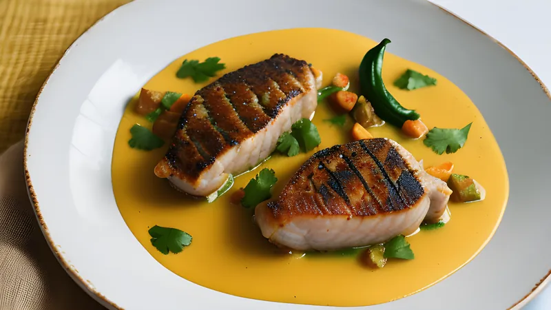 Golden hilsa fish steaks in a bright yellow mustard sauce, scattered with slit green chillies