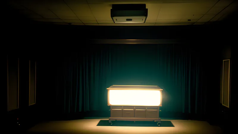 A mortuary slab under a hanging lamp in an empty hall, teal and amber repertory-poster lighting