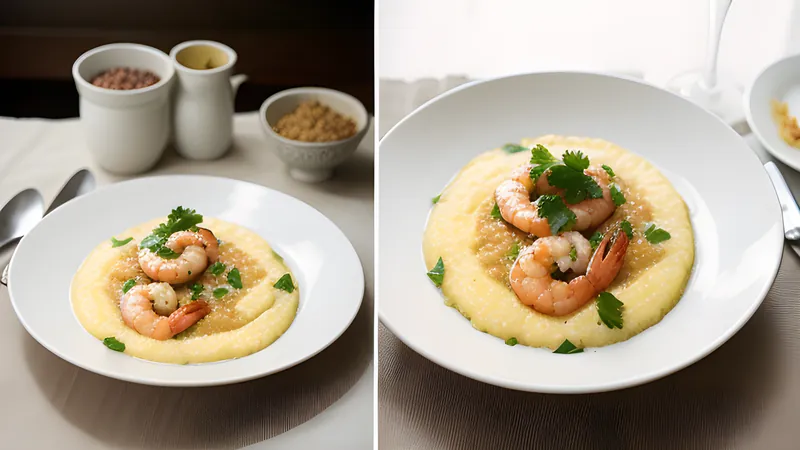 A bowl of creamy white grits topped with seared shrimp in a paprika-red pan sauce, scattered with spring onion and bacon