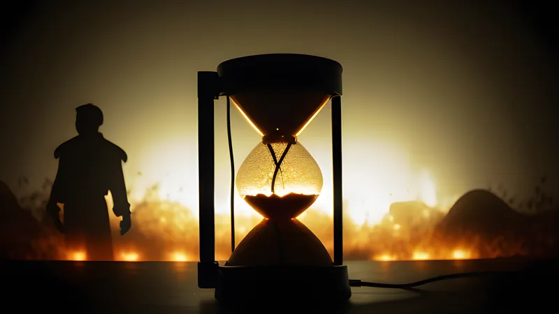 An hourglass of falling sand overlaid on a lone fighter's aging silhouette, rendered in warm CRT amber