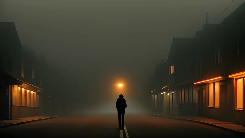 A foggy empty town street with a single distant figure, rendered in CRT amber glow