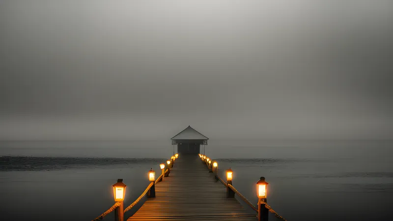 A lakeside jetty vanishing into thick fog