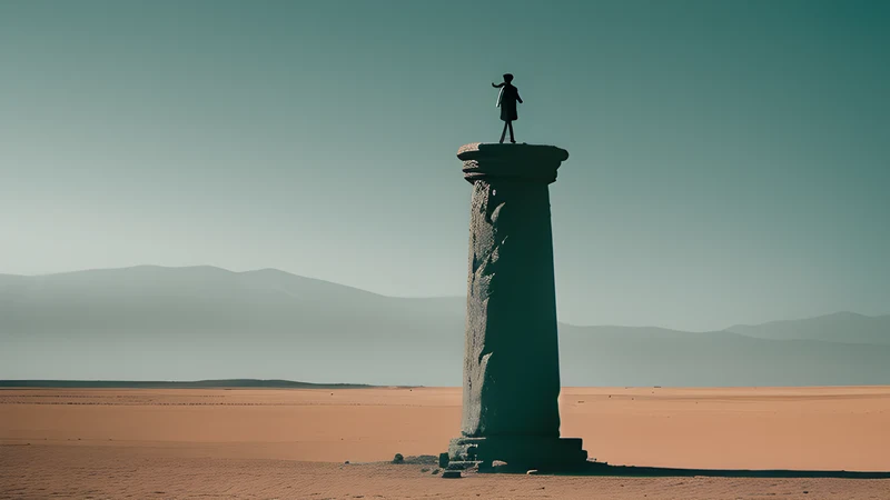A stone pillar in a desert with a solitary figure atop it, rendered as a grainy repertory cinema poster in teal and amber