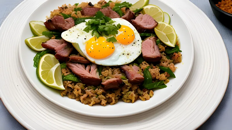 Sizzling chopped pork sisig on a hot metal plate with calamansi, chilli and a raw egg on top