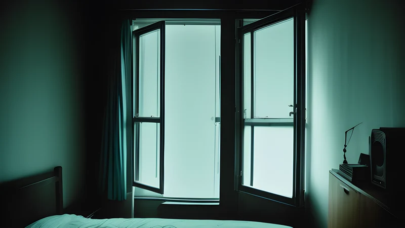 A divided apartment-block window lit from within, split down the middle, in teal and amber poster grain