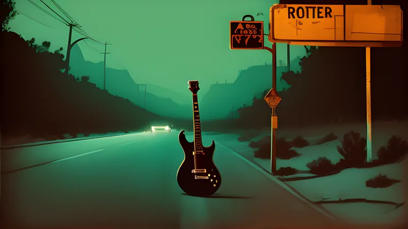 A lone figure with a guitar case on an empty desert highway, repertory cinema poster in teal and amber with projector light through smoke