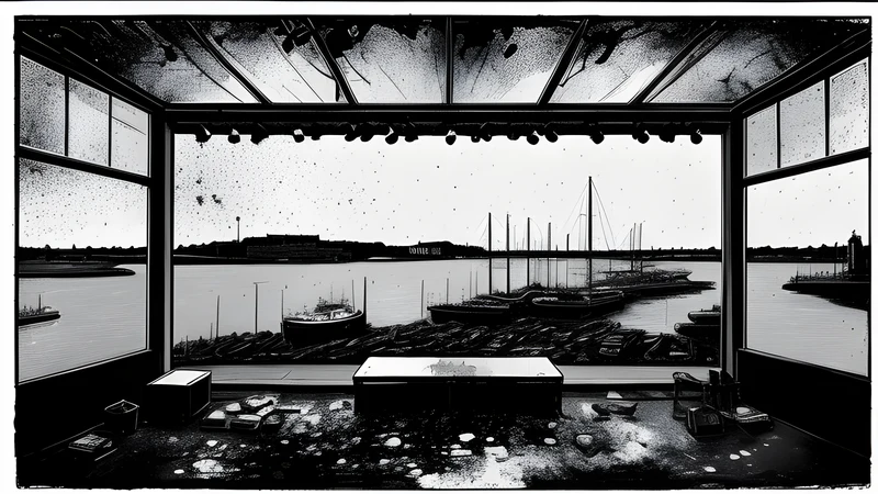 Ink illustration of an Aalborg waterfront venue with harbour windows and a loud stage, crimson spot colour against grit