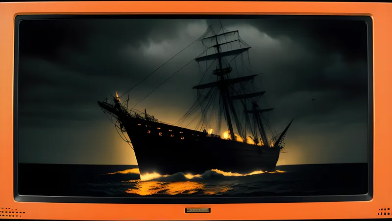 A lone pirate ship weathering a storm at sea under warm amber CRT light