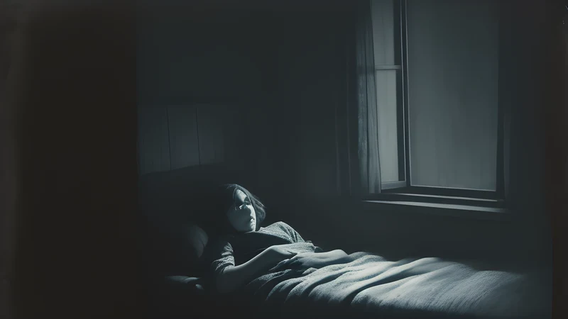 A shadowy pressing figure looming over a person lying frozen in a moonlit bed