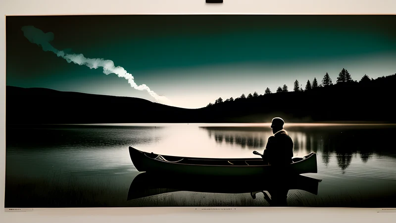 A still lake at dawn with a canoe drifting near the shore and a single sandal on the sand
