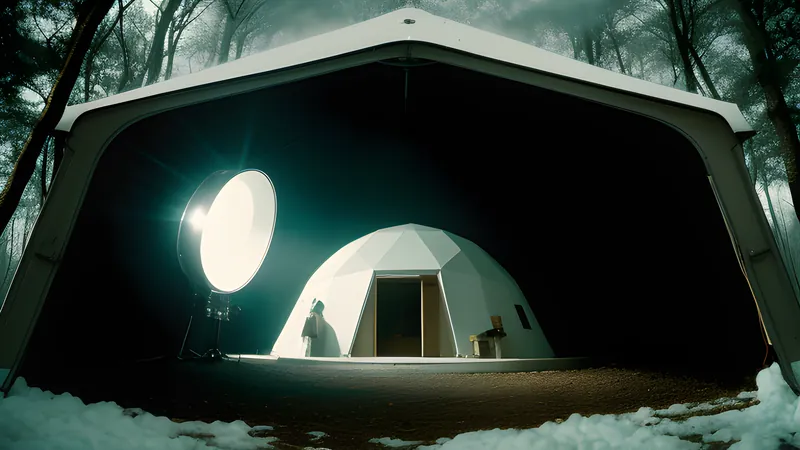 A gleaming white futurist dome standing in a wooded valley under a bruised sky